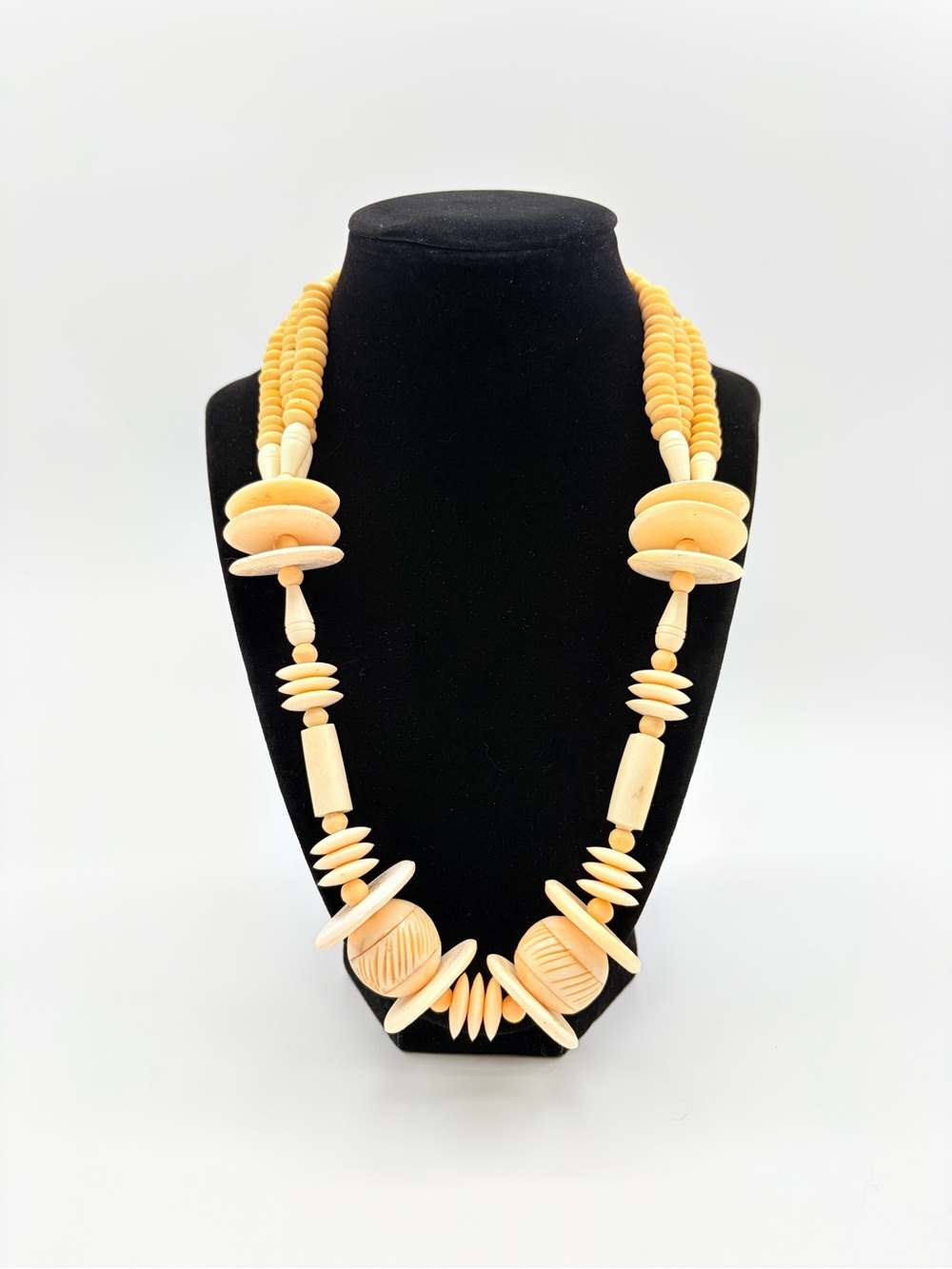 Vintage Bone & Plastic Bead Statement Necklace Boho Tribal Natural Tones